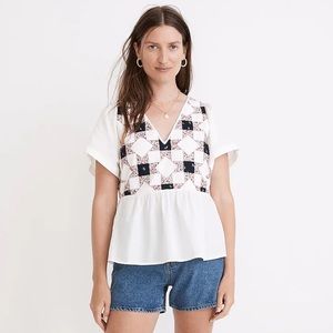 Madewell Flutter-Sleeve Peplum Top in Patchwork Quilt